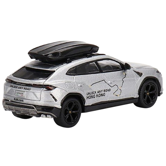 Lamborghini Urus with Roof Box "Unlock Any Road Hong Kong" Silver Metallic Limited Edition 1/64 Diecast Model Car by True Scale Miniatures