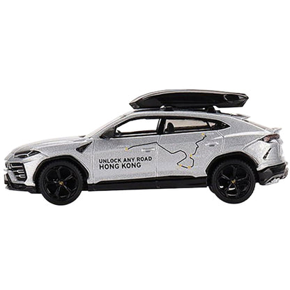 Lamborghini Urus with Roof Box "Unlock Any Road Hong Kong" Silver Metallic Limited Edition 1/64 Diecast Model Car by True Scale Miniatures