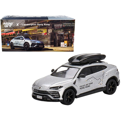 Lamborghini Urus with Roof Box "Unlock Any Road Hong Kong" Silver Metallic Limited Edition 1/64 Diecast Model Car by True Scale Miniatures