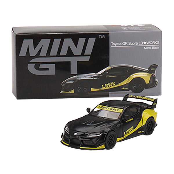 Toyota GR Supra "LB-Works" Matt Black with Yellow Graphics Limited Edition to 1800 pieces Worldwide 1/64 Diecast Model Car by True Scale Miniatures