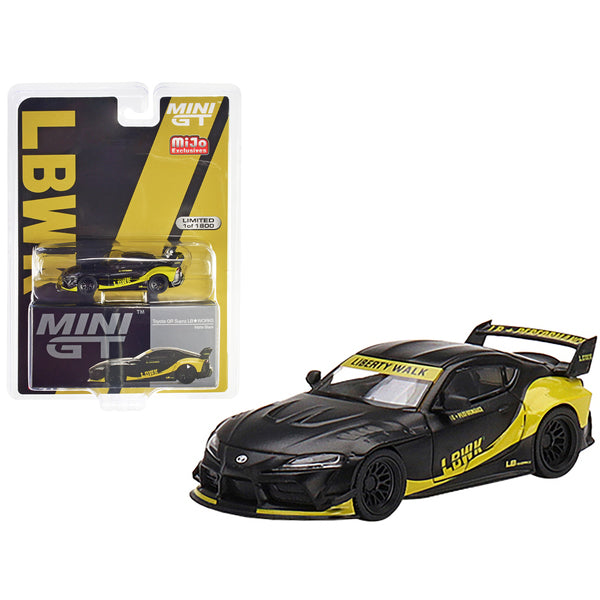 Toyota GR Supra "LB-Works" Matt Black with Yellow Graphics Limited Edition to 1800 pieces Worldwide 1/64 Diecast Model Car by True Scale Miniatures