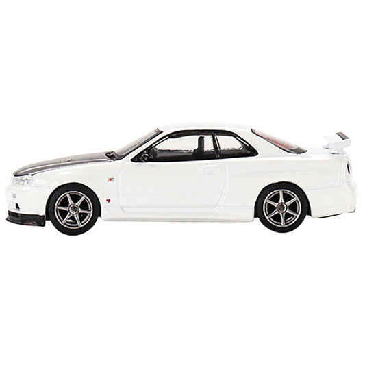 Nissan Skyline GT-R (R34) V-Spec II N1 RHD (Right Hand Drive) White with Carbon Hood Limited Edition to 4200 pieces Worldwide 1/64 Diecast Model Car by True Scale Miniatures