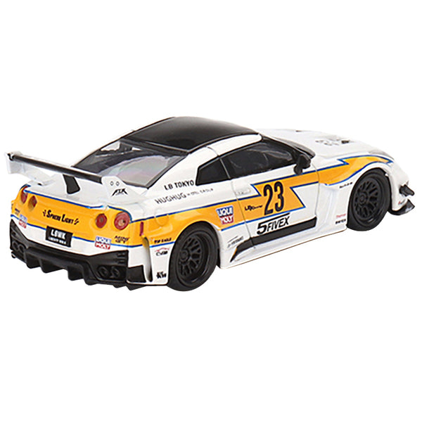 Nissan LB-Silhouette Works GT 35GT-RR Ver.1 RHD (Right Hand Drive) #23 White with Yellow Stripes "LB Racing" Limited Edition to 5400 pieces Worldwide 1/64 Diecast Model Car by True Scale Miniatures