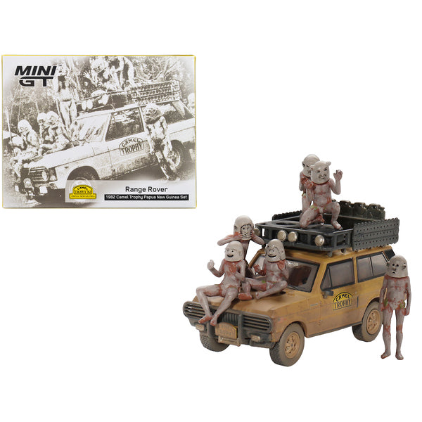 Range Rover with Roofrack Tan (Dirty Version) "Camel Trophy - Papua New Guinea Team USA" (1982) with "Papua New Guinea Asaro Mudmen" 6 piece Figure Set 1/64 Diecast Model Car by True Scale Miniatures