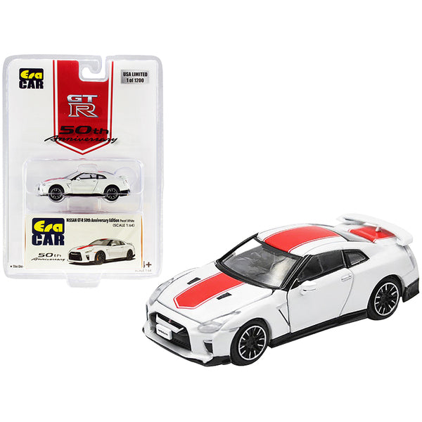 Nissan GT-R RHD (Right Hand Drive) Pearl White with Red Stripe "50th Anniversary Edition" Limited Edition to 1200 pieces 1/64 Diecast Model Car by Era Car