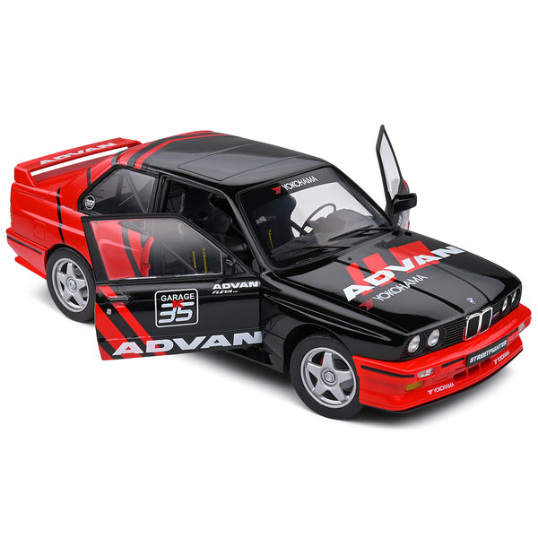 1990 BMW E30 M3 Black and Red with Graphics "ADVAN Drift Team" "Competition" Series 1/18 Diecast Model Car by Solido