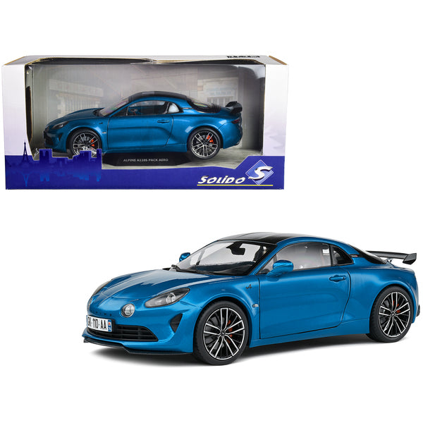 2023 Alpine A110S Pack Aero Bleu Alpine Blue Metallic with Black Top 1/18 Diecast Model Car by Solido