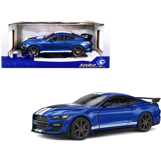 2020 Ford Mustang Shelby GT500 Fast Track Ford Performance Blue Metallic with White Stripes 1/18 Diecast Model Car by Solido