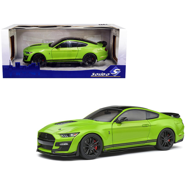 2020 Ford Mustang Shelby GT500 Grabber Lime Green Metallic with Black Top and Stripes 1/18 Diecast Model Car by Solido