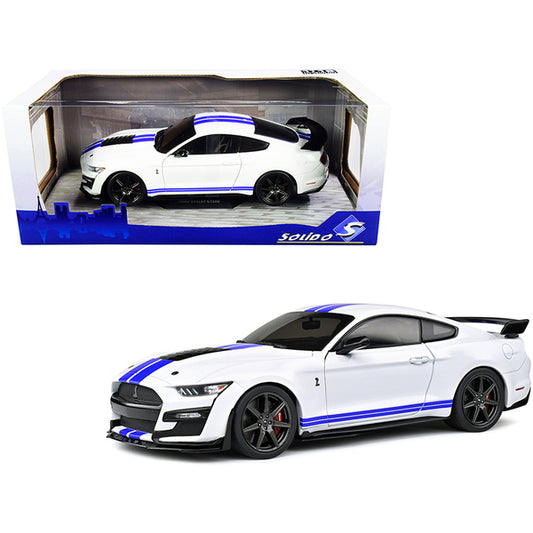 2020 Ford Mustang Shelby GT500 White with Blue Stripes 1/18 Diecast Model Car by Solido