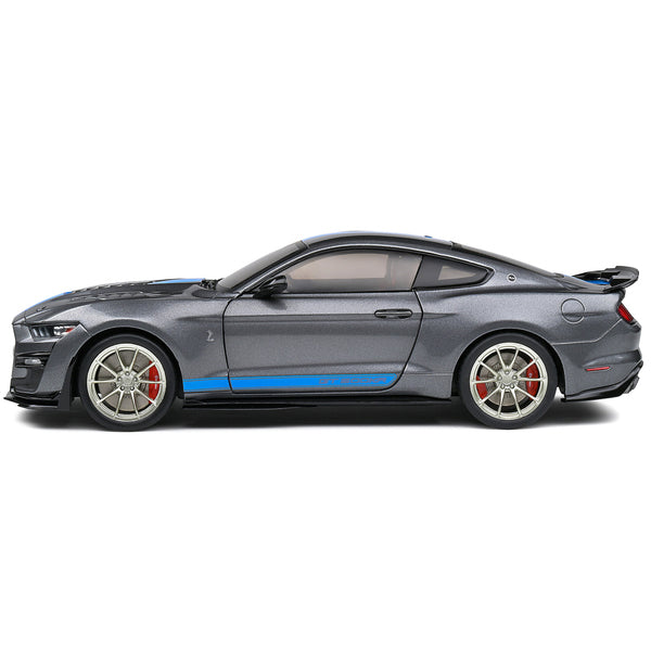 2022 Ford Mustang Shelby GT500 KR Dark Silver Metallic with Blue Stripes 1/18 Diecast Model Car by Solido