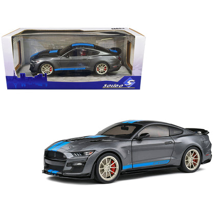 2022 Ford Mustang Shelby GT500 KR Dark Silver Metallic with Blue Stripes 1/18 Diecast Model Car by Solido