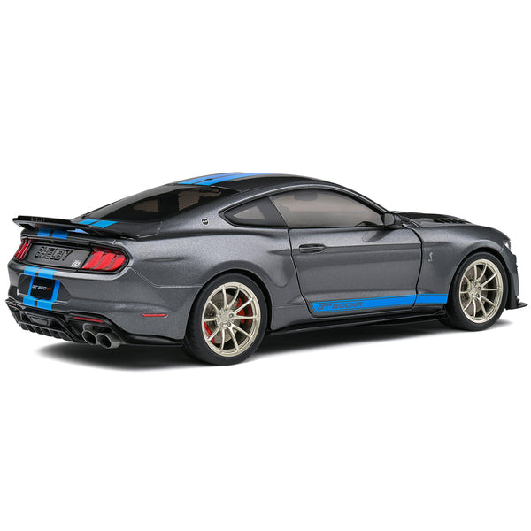 2022 Ford Mustang Shelby GT500 KR Dark Silver Metallic with Blue Stripes 1/18 Diecast Model Car by Solido