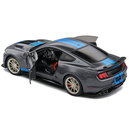 2022 Ford Mustang Shelby GT500 KR Dark Silver Metallic with Blue Stripes 1/18 Diecast Model Car by Solido