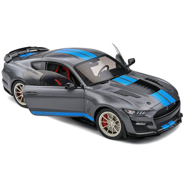 2022 Ford Mustang Shelby GT500 KR Dark Silver Metallic with Blue Stripes 1/18 Diecast Model Car by Solido