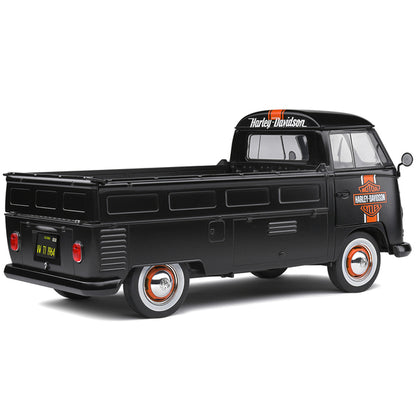 1950 Volkswagen T1 Custom Pickup Truck Matt Black with Orange Stripes "Harley Davidson" with Surfboard Accessory 1/18 Diecast Model Car by Solido