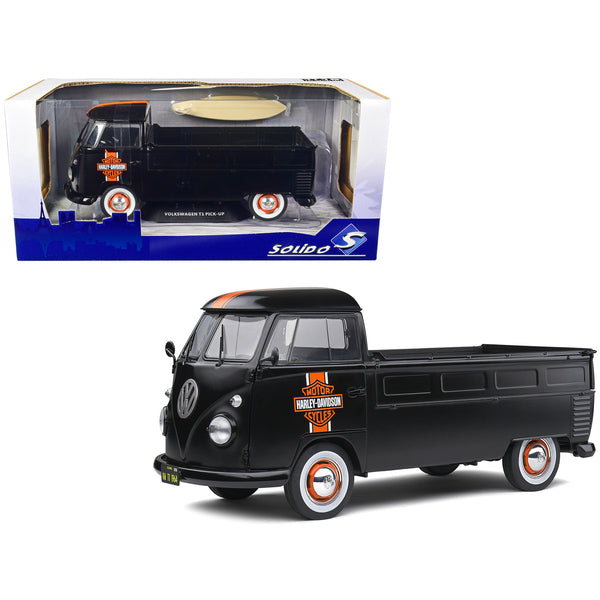 1950 Volkswagen T1 Custom Pickup Truck Matt Black with Orange Stripes "Harley Davidson" with Surfboard Accessory 1/18 Diecast Model Car by Solido