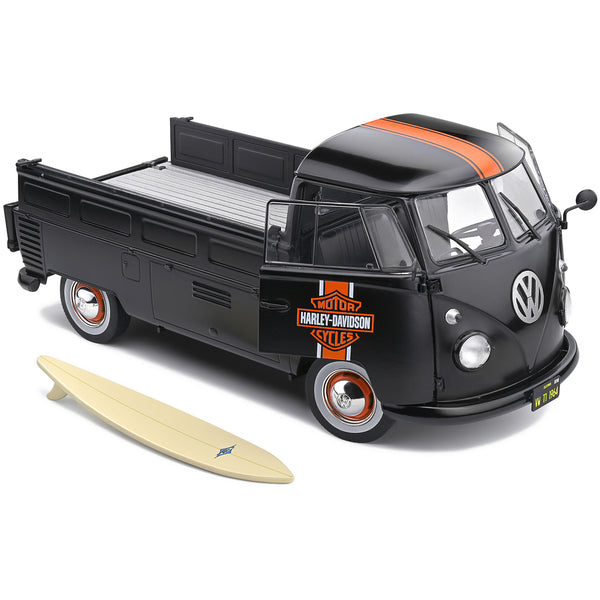 1950 Volkswagen T1 Custom Pickup Truck Matt Black with Orange Stripes "Harley Davidson" with Surfboard Accessory 1/18 Diecast Model Car by Solido