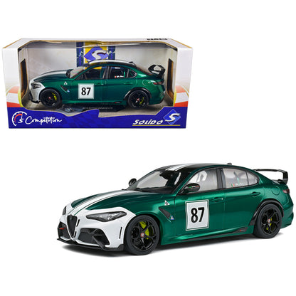 2021 Alfa Romeo Giulia GTA M #87 Green Metallic with Carbon Top and White Stripes "Nurburgring 1973" Tribute "Competition" Series 1/18 Diecast Model Car by Solido