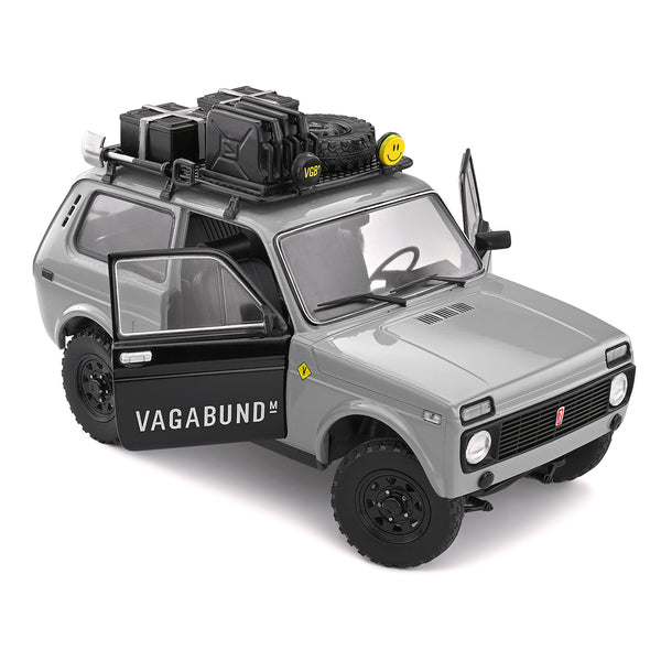 1980 Lada Niva Gray with Black Doors "Vagabund M" with Roof Rack and Accessories 1/18 Diecast Model Car by Solido