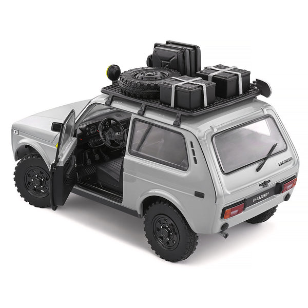 1980 Lada Niva Gray with Black Doors "Vagabund M" with Roof Rack and Accessories 1/18 Diecast Model Car by Solido