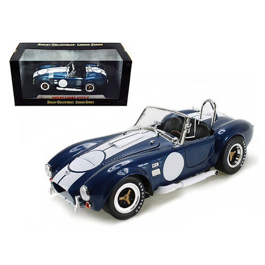 1965 Shelby Cobra 427 S/C Dark Blue Metallic with White Stripes with Printed Carroll Shelby's Signature on the Trunk 1/18 Diecast Model Car by Shelby Collectibles