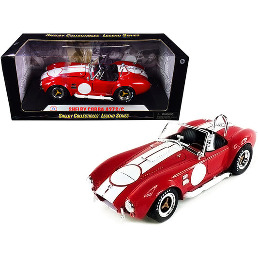 1965 Shelby Cobra 427 S/C Red with White Stripes with Printed Carroll Shelby's Signature on the Trunk 1/18 Diecast Model Car by Shelby Collectibles