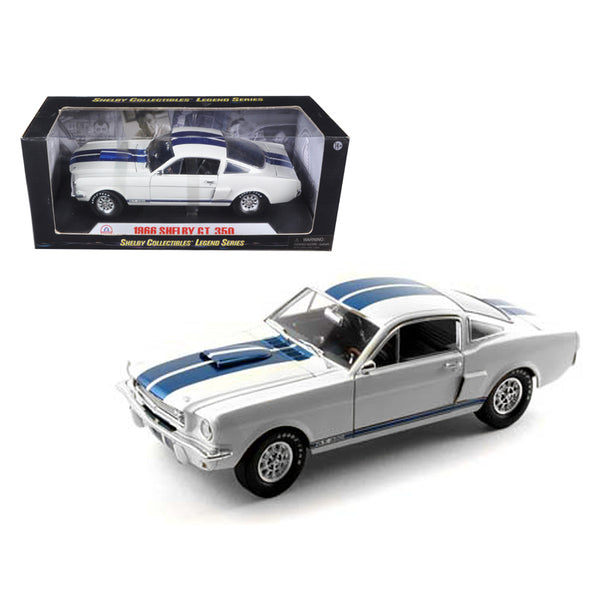 1966 Ford Mustang Shelby GT350 White with Blue Stripes 1/18 Diecast Model Car by Shelby Collectibles