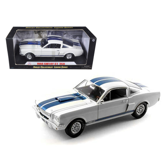 1966 Ford Mustang Shelby GT350 White with Blue Stripes 1/18 Diecast Model Car by Shelby Collectibles