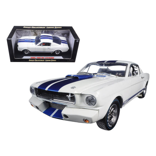 1965 Ford Mustang Shelby GT350R White with Blue Stripes and Printed Carroll Shelby's Signature on the Roof 1/18 Diecast Model Car by Shelby Collectibles