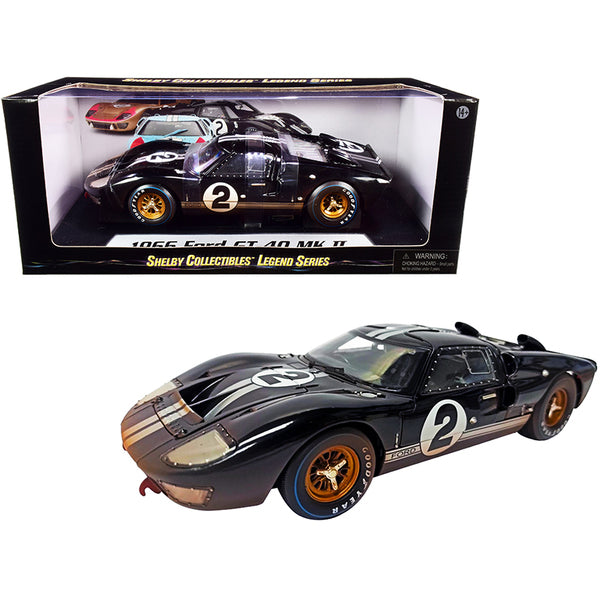 1966 Ford GT-40 MK II #2 Black with Silver Stripes After Race (Dirty Version) 1/18 Diecast Model Car by Shelby Collectibles