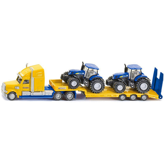 Tractor Truck Yellow with 2 New Holland T7070 Tractors Blue 1/87 (HO) Diecast Models by Siku