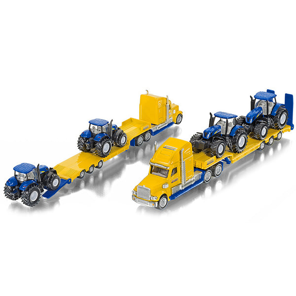 Tractor Truck Yellow with 2 New Holland T7070 Tractors Blue 1/87 (HO) Diecast Models by Siku