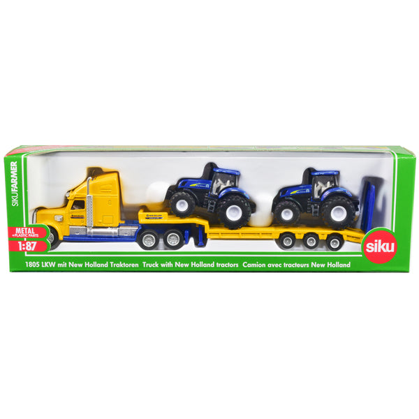 Tractor Truck Yellow with 2 New Holland T7070 Tractors Blue 1/87 (HO) Diecast Models by Siku