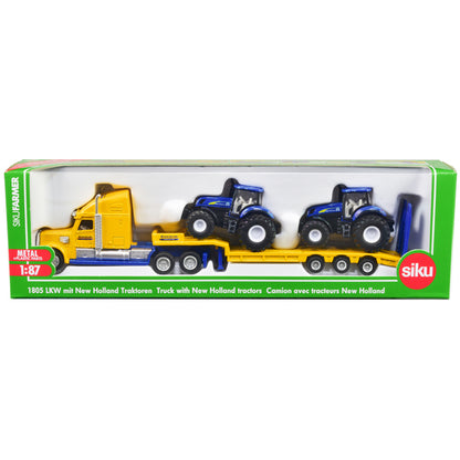 Tractor Truck Yellow with 2 New Holland T7070 Tractors Blue 1/87 (HO) Diecast Models by Siku