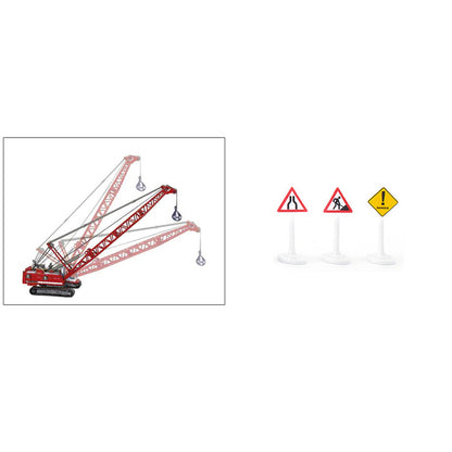 Heavy Haulage Transporter Green and Liebherr Cable Excavator Red with Wrecking Ball and Signs 1/87 (HO) Diecast Models by Siku