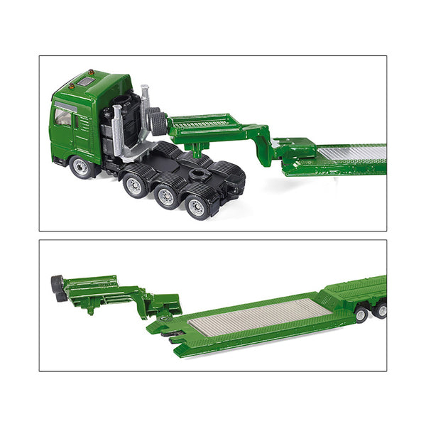 Heavy Haulage Transporter Green and Liebherr Cable Excavator Red with Wrecking Ball and Signs 1/87 (HO) Diecast Models by Siku