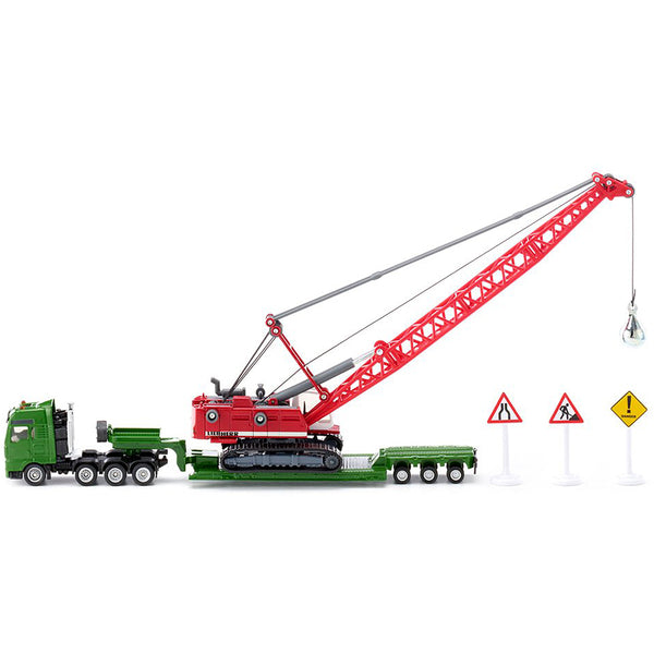 Heavy Haulage Transporter Green and Liebherr Cable Excavator Red with Wrecking Ball and Signs 1/87 (HO) Diecast Models by Siku