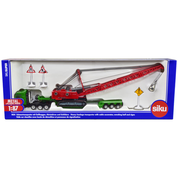 Heavy Haulage Transporter Green and Liebherr Cable Excavator Red with Wrecking Ball and Signs 1/87 (HO) Diecast Models by Siku