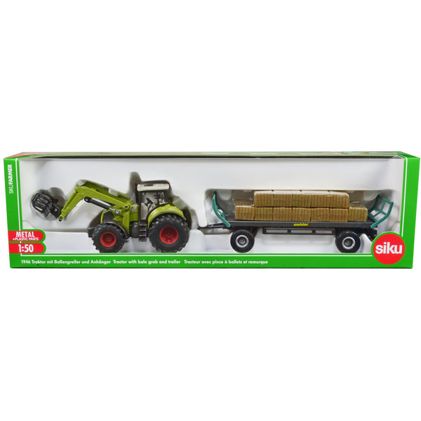 Claas Tractor with Square Bale Grab Green and Oehler Bale Trailer with 12 Hay Bales 1/50 Diecast Model by Siku