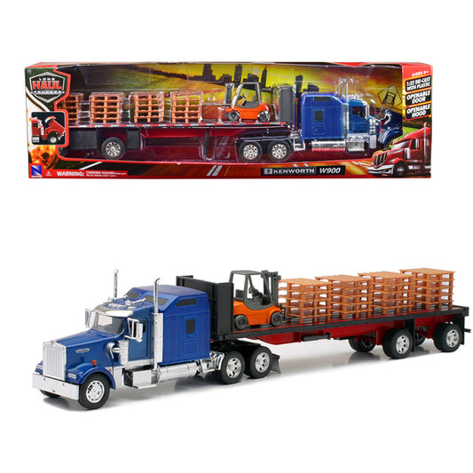 Kenworth W900 Truck with Flatbed Trailer Blue with Forklift and Pallets "Long Haul Truckers" Series 1/32 Diecast Model by New Ray