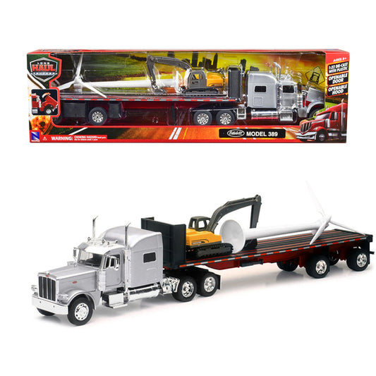 Peterbilt 389 Truck with Flatbed Trailer Silver Metallic with Excavator and Wind Turbine "Long Haul Truckers" Series 1/32 Diecast Model by New Ray