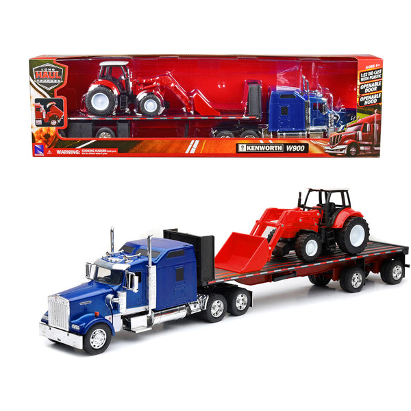 Kenworth W900 Truck with Flatbed Trailer Blue Metallic with Farm Tractor Red "Long Haul Truckers" Series 1/32 Diecast Model by New Ray