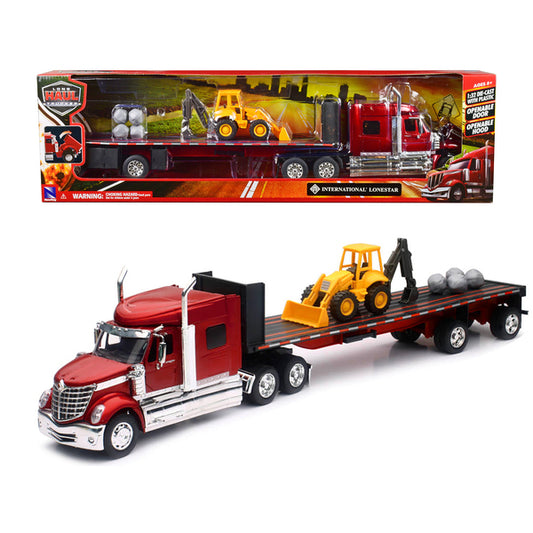 International Lonestar Truck with Flatbed Trailer Red Metallic with Front Loader and Rocks "Long Haul Truckers" Series 1/32 Diecast Model by New Ray