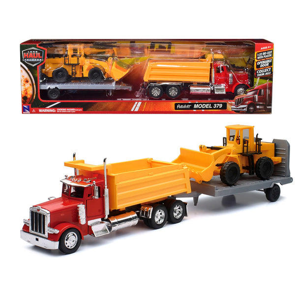 Peterbilt 379 Dump Truck Red and Wheel Loader Yellow with Flatbed Trailer "Long Haul Truckers" Series 1/32 Diecast Model by New Ray