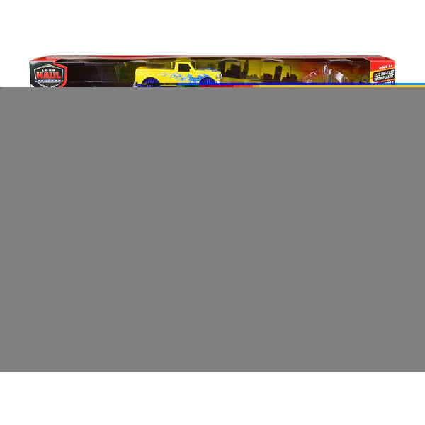 Peterbilt 379 Truck with Lowboy Trailer Red with Orange Flames and Monster Truck Yellow with Blue Flames "Long Haul Truckers" Series 1/32 Diecast Model by New Ray