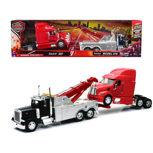 Peterbilt 379 Tow Truck Black with Peterbilt 387 Truck Tractor Red Set of 2 pieces 1/32 Diecast Model by New Ray