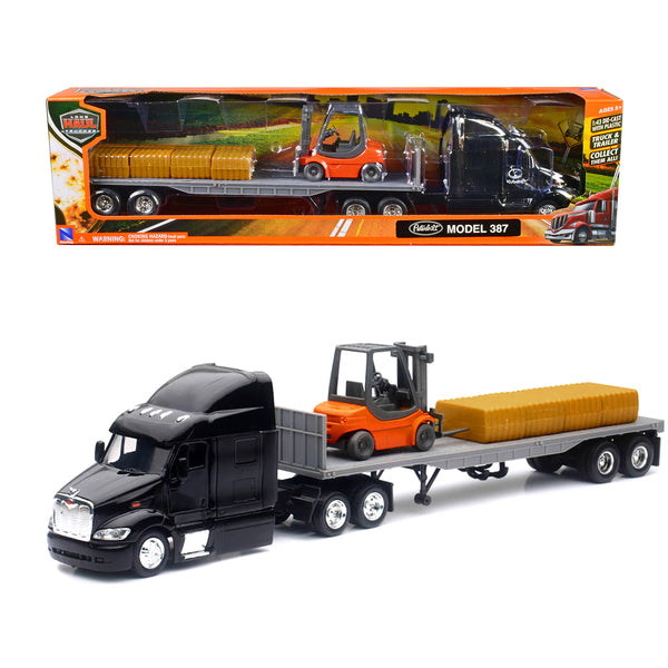 Peterbilt 387 Truck with Flatbed Trailer Black with Forklift and Hay Bales "Long Haul Trucker" Series 1/43 Diecast Model by New Ray