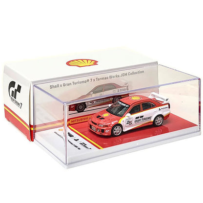 1998 Mitsubishi Lancer Evolution V GSR RHD (Right Hand Drive) Red and White with Yellow Stripes "Shell x Gran Turismo 7" Special Edition 1/64 Diecast Model Car by Tarmac Works