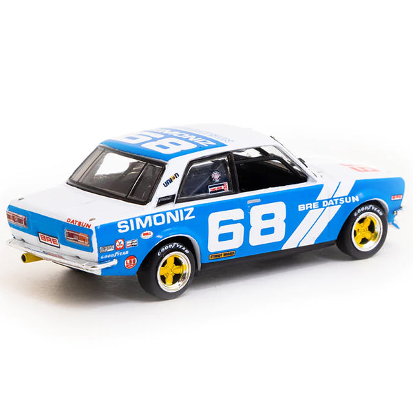 Datsun 510 #68 "BRE" White and Blue "Trans-Am 2.5 Championship" (1972) with METAL OIL CAN 1/64 Diecast Model Car by Tarmac Works